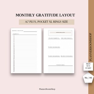May include: A two-page monthly gratitude planner insert in A7 Plus Pocket XL rings size. The left page features a numbered list from 1 to 31 for daily entries. The right page includes sections for an inspirational quote and monthly reflections.