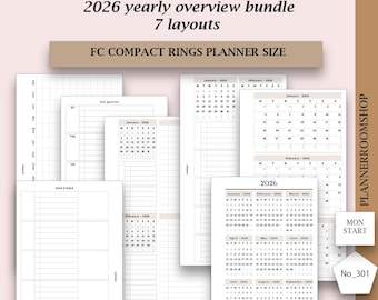 Planificador para adultos con TDAH con FECHA 2026 Paquete de planificador anual imprimible Resumen del año 2026 Calendario de registro futuro, Año de un vistazo Anillos compactos FC, 301