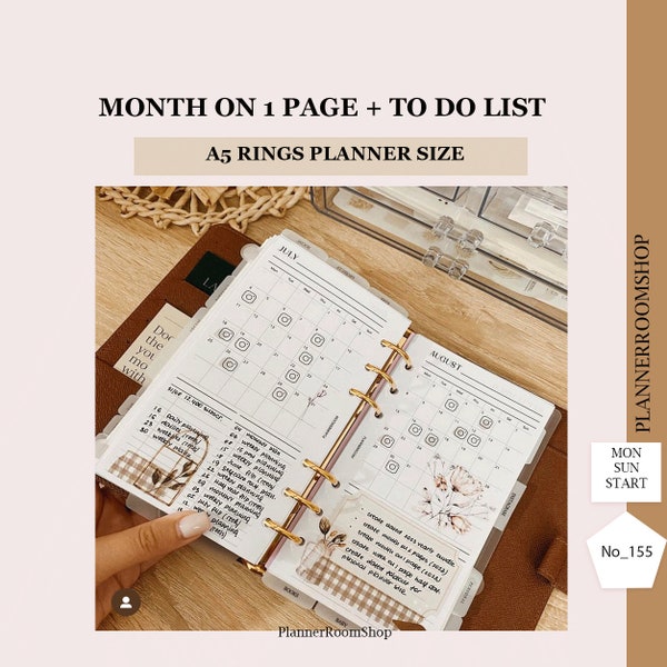 Printable monthly planner inserts, Month on 1 page for A5 rings planner size, Undated calendar with tasks & to do, 155
