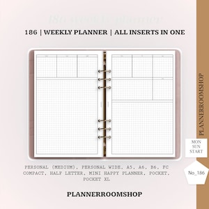 Puede incluir: Un planificador semanal con un diseño de cuadrícula y un esquema de color blanco y negro. El planificador está diseñado para su uso con una variedad de tamaños de planificadores populares, incluyendo personal, ancho, A5, A6, B6, FC, compacto, media carta, mini planificador feliz, bolsillo y bolsillo XL. El planificador está etiquetado con el número 186.