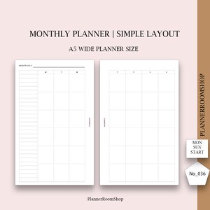 Monthly Planner Printable Minimalist Planner, A5 wide planner Inserts, Undated Month on Two Pages, 036
