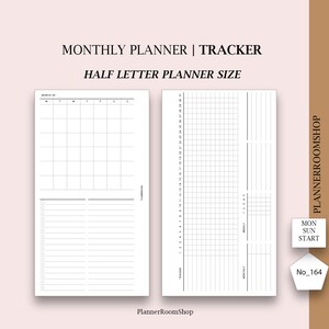 Calendario mensual imprimible sin fecha con rastreador de hábitos mensuales para planificador de media carta, resumen del mes de TDAH con plantilla de lista de tareas pendientes, 164