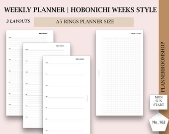 May include: A5 rings planner inserts with three layout options. The inserts are white with black text and grid or line patterns. Text on the image includes "WEEKLY PLANNER | HOBONICHI WEEKS STYLE", "3 LAYOUTS", and "A5 RINGS PLANNER SIZE".