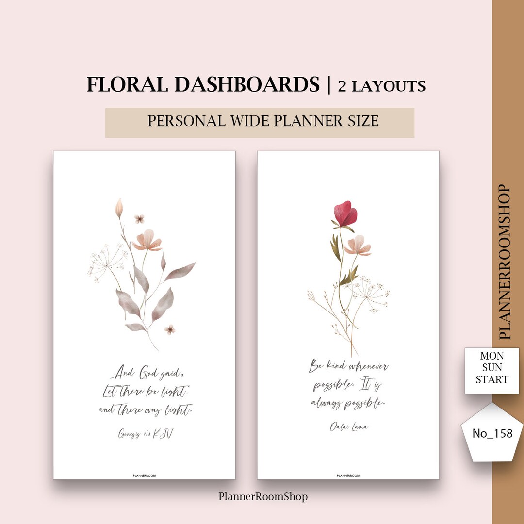 Printable Planner Dashboards, Personal Wide Planner Size, Dashboards With Floral Design, Planner ...