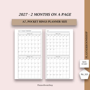 May include: Two white planner pages for 2027, each displaying two months on a single page with a Monday start. The text reads 2027 - 2 MONTHS ON A PAGE, A7, POCKET RINGS PLANNER SIZE, PLANNERROOMSHOP, MON START, and No_323. The layout is grid-based.