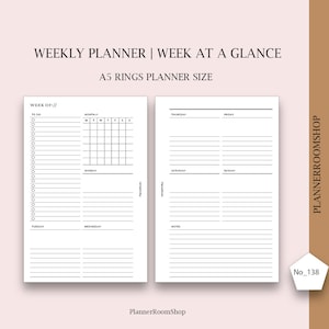 Weekly printable inserts, A5 planner refill, Weekly agenda, Weekly template, Weekly layout, Weekly undated planner, WO2P