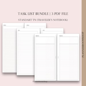 May include: A task list bundle containing 3 PDF files for a standard traveler's notebook. The white pages feature black printed grids and lines with headers labeled NOTES and TASK LIST. The text PLANNERROOMSHOP is visible on the side and bottom.