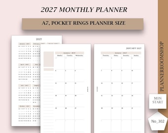 May include: A 2027 monthly planner in A7 pocket rings size with a Monday start. The planner pages feature a calendar overview, a monthly grid for January 2027, and a sidebar for notes. The text includes 2027 MONTHLY PLANNER, PLANNERROOMSHOP, and No_302.