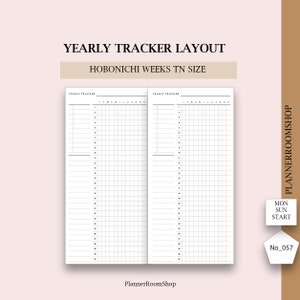 Puede incluir: Diseño de seguimiento anual para Hobonichi Weeks TN. El diseño presenta un diseño de cuadrícula con columnas para meses y filas para semanas, ideal para la planificación. El texto "YEARLY TRACKER LAYOUT" y "HOBONICHI WEEKS TN SIZE" está en la parte superior.
