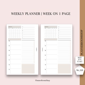 May include: A printable weekly planner template with a simple design. The planner has a section for the month, a daily schedule, and a notes section. The text "WEEKLY PLANNER | WEEK ON 1 PAGE" is at the top of the page. The text "PlannerRoomShop" is at the bottom of the page.