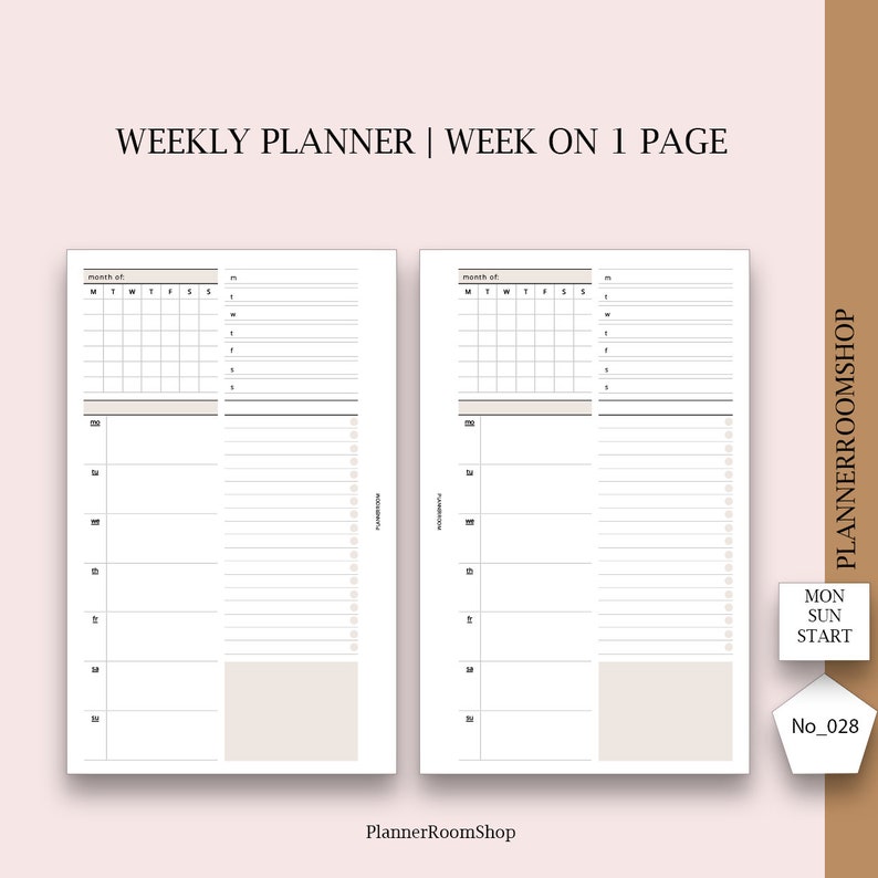 May include: A printable weekly planner template with a simple design. The planner has a section for the month, a daily schedule, and a notes section. The text "WEEKLY PLANNER | WEEK ON 1 PAGE" is at the top of the page. The text "PlannerRoomShop" is at the bottom of the page.