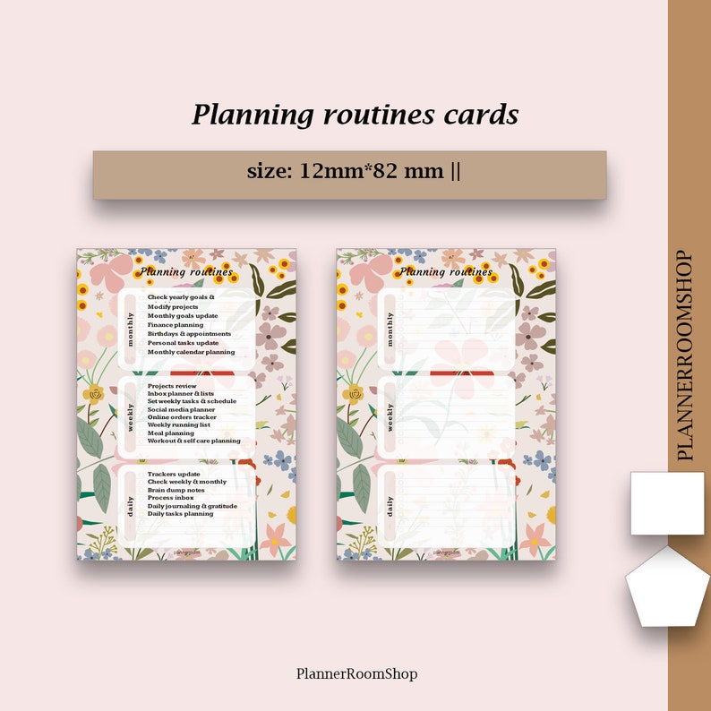 May include: Two printable planning routine cards with a floral background. The cards are divided into three sections: daily, weekly, and monthly. Each section has a list of tasks to complete. The cards are 12mm by 82mm.