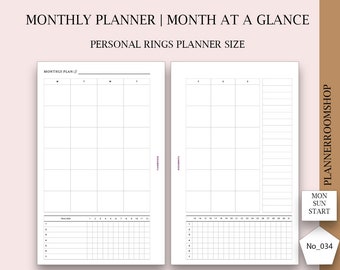 Monthly Planner Printable Minimalist Planner Personal Planner Inserts, Undated Month on Two Pages Monday Start, Month at a glance, 034