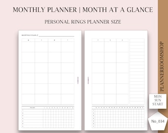 Monthly Planner Printable Minimalist Planner Personal Planner Inserts, Undated Month on Two Pages Monday Start, Month at a glance, 034