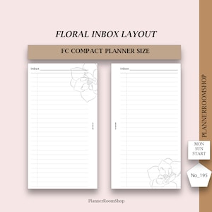 Könnte beinhalten: Zwei weiße FC-Kompaktplaner-Seiten mit horizontalen Linien und dem Wort inbox oben. Jede Seite zeigt eine florale Strichzeichnung in Schwarz. Der Text umfasst FLORAL INBOX LAYOUT, FC COMPACT PLANNER SIZE, PLANNERROOMSHOP, MON SUN START und No_195.