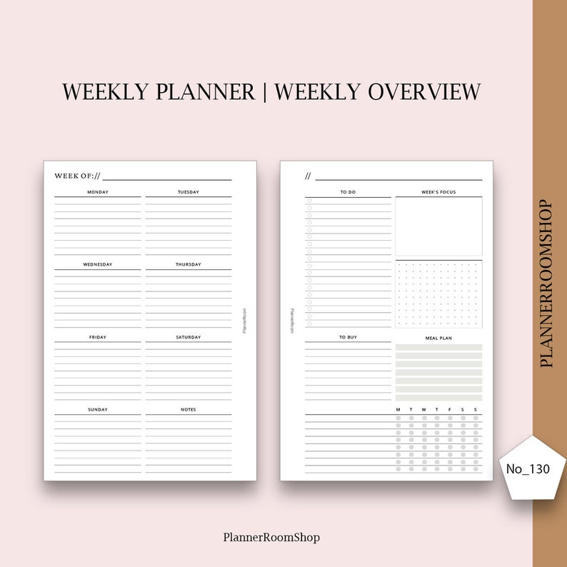 Op de afbeelding: Een printbare weekplanner met secties voor dagelijkse taken, to-do-lijsten, maaltijdplanning en een wekelijkse focus. De planner bevat ook een kalenderrooster om afspraken en evenementen bij te houden.