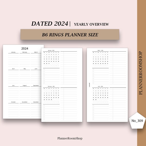 2024 Dated yearly overview, Yearly log, 2024 yearly overview, ADHD planner adult, B6 rings planner size, Future log, Year at a glance, 308
