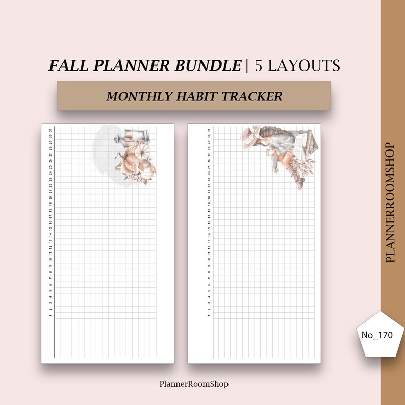 Puede incluir: Dos p&aacute;ginas blancas de seguimiento de h&aacute;bitos con l&iacute;neas de cuadr&iacute;cula e ilustraciones de calabazas y libros. El texto "FALL PLANNER BUNDLE | 5 LAYOUTS" y "MONTHLY HABIT TRACKER" est&aacute;n en la parte superior. El logotipo de PlannerRoomShop est&aacute; a la derecha.