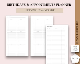 Birthdays, Appointments printable inserts, Personal planner size, Appointment book, Medical appointments, Visiting appointments, 124