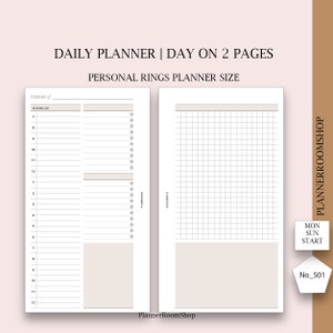 Może przedstawiać: Drukowany szablon dziennego planera zaprojektowany dla osobistych planerów z pierścieniami. Szablon jest podzielony na dwie strony, jedną do planowania, a drugą do notatek. Strona planowania zawiera kolumnę na czas i kolumnę na zadania. Strona notatek ma układ siatki. Szablon jest w czerni i bieli z jasnoszarym tłem.