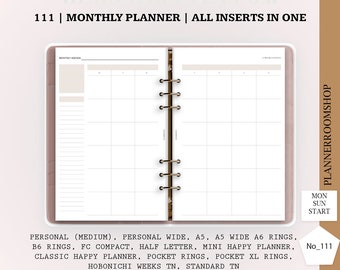 May include: A monthly planner with a white background and gold rings. The planner is labeled "111 | Monthly Planner | All Inserts in One". It is compatible with various planner sizes, including Personal (Medium), Personal Wide, A5, A5 Wide, A6 Rings, B6 Rings, FC Compact, Half Letter, Mini Happy Planner, Classic Happy Planner, Pocket Rings, Pocket XL Rings, Hobonichi Weeks TN, and Standard TN.