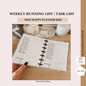 May include: Open Mini Happy Planner with a weekly running list and task list. The planner is open to a page with handwritten entries and check marks. The text "WEEKLY RUNNING LIST | TASK LIST" and "MINI HAPPY PLANNER SIZE" are visible.