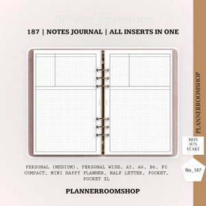 May include: Open notebook with grid paper pages. The notebook is labelled "187 Daily Planner" and "Notes Journal." The notebook is open to a spread with a grid pattern. The text "Planner Room Shop" is visible. The notebook is available in various sizes.