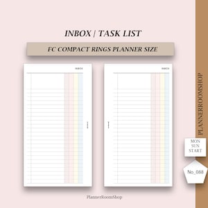 May include: Two white planner pages for FC compact rings with the text INBOX | TASK LIST and FC COMPACT RINGS PLANNER SIZE. Each page features horizontal lines and a vertical grid with pastel pink, yellow, and blue columns. Text includes INBOX, PLANNERROOMSHOP, MON SUN START, and No_088.