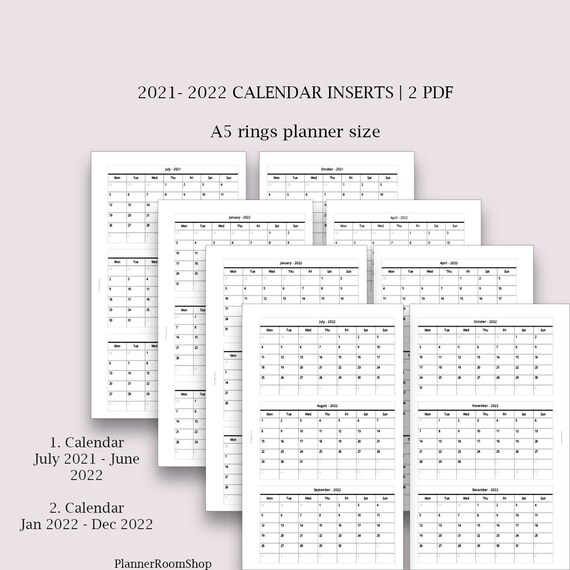 2021 2022 calendar a5 planner size 2 pdf printable inserts etsy