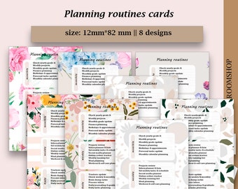 Puede incluir: Ocho tarjetas de rutina de planificación imprimibles con diseños florales. Cada tarjeta tiene un esquema de color diferente y presenta una lista de tareas para completar las rutinas mensuales, semanales y diarias. Las tarjetas miden 12 mm por 82 mm.