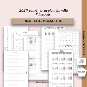DATED 2026 ADHD planner adult, Printable Yearly planner bundle Year overview 2026 Future log calendar, Half Letter Planner inserts, 301