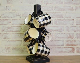 Farmhouse Coffee Mug Tree: Distressed Black Wood Coffee Bar Holder