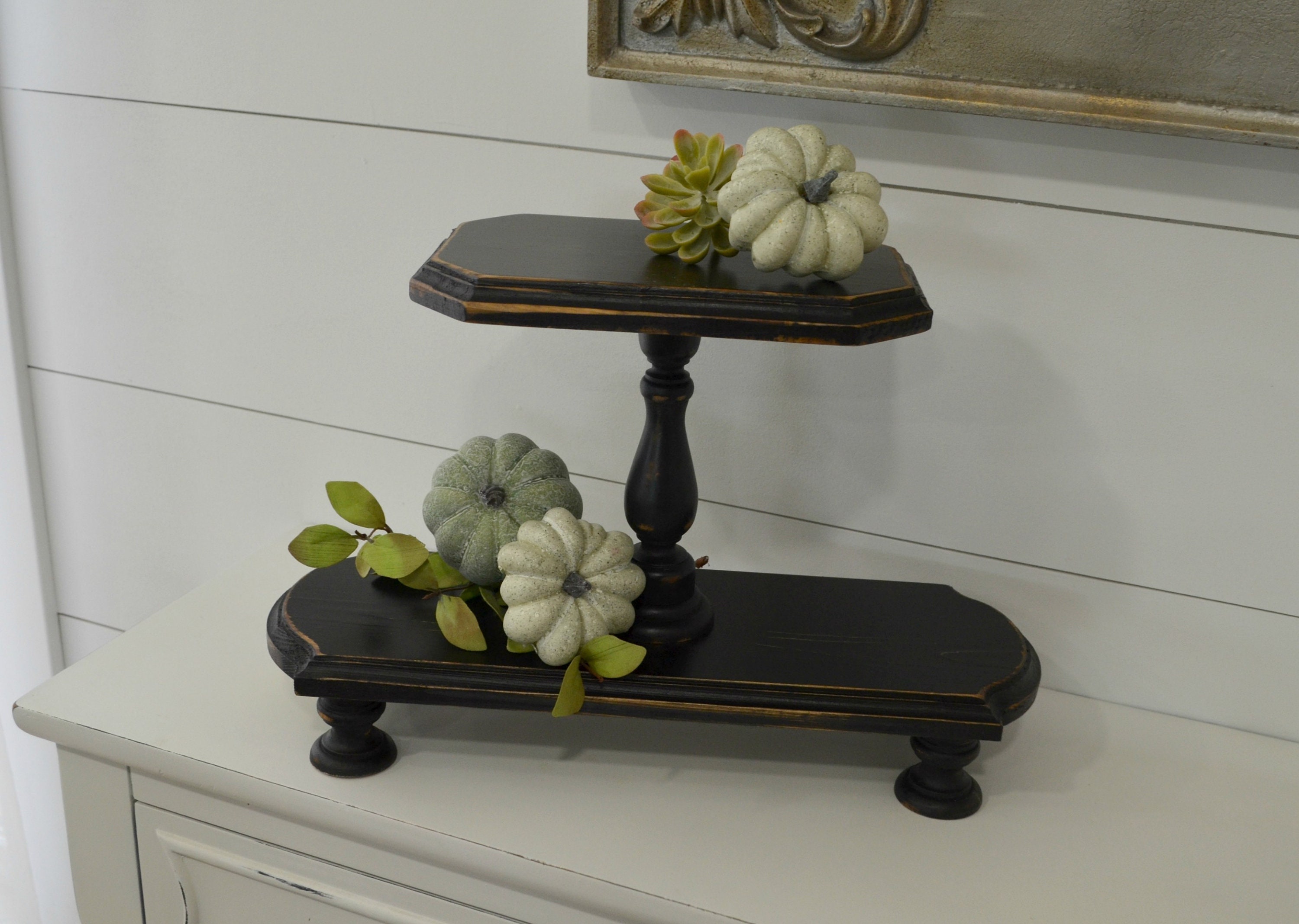Black Farmhouse Tray...double Tiered Riser...farmhouse Wood Tiered Tray ...