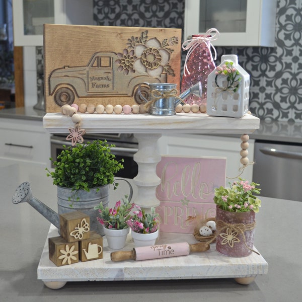 Spring Tiered Tray Decor...Pink Tray Decor...Spring Time...Mini Flower Pots...Rolling Pin...Watering Cans...Beaded Garland