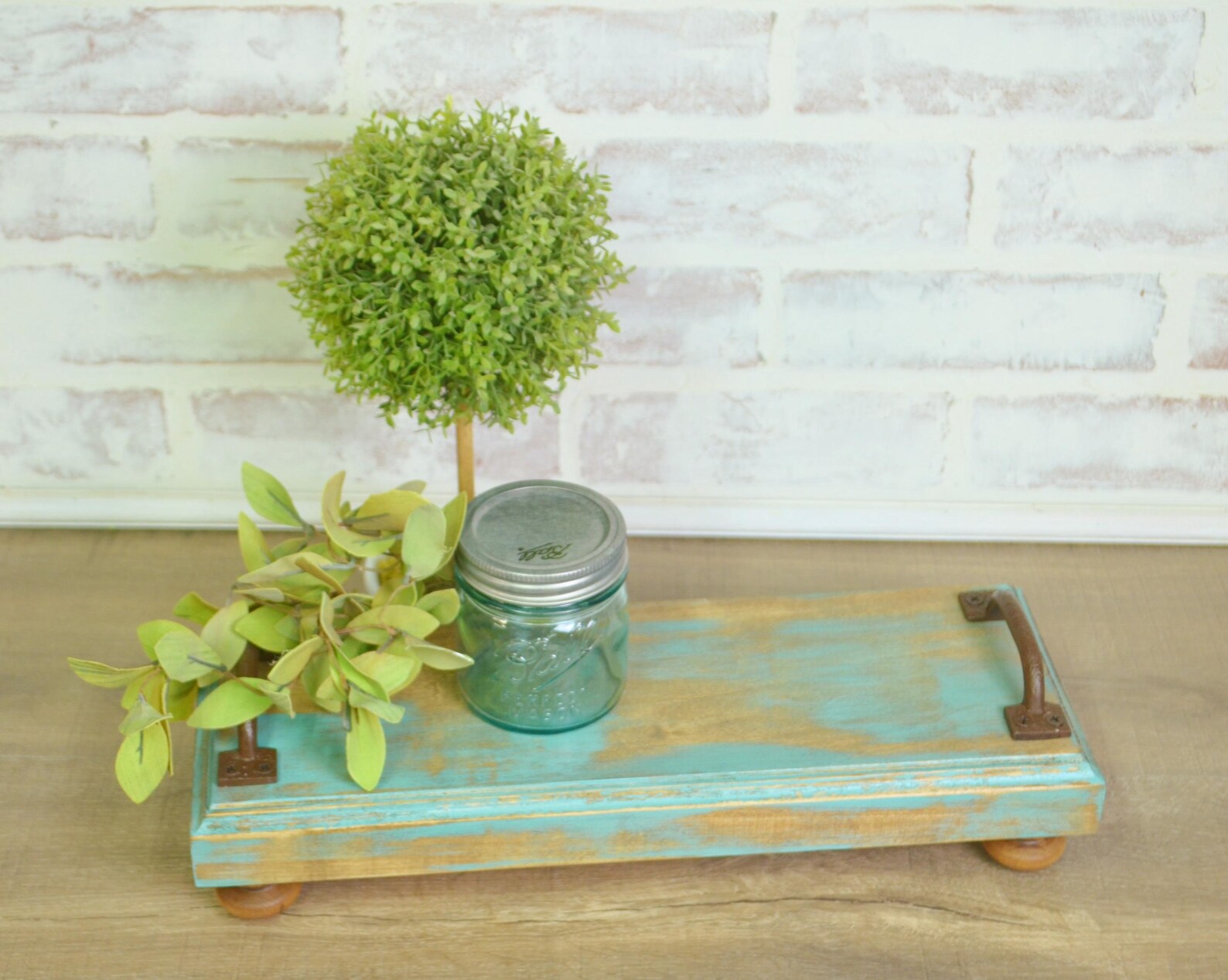 Aqua Farmhouse Wood Riser...wood Tray With Handles...wood Stand ...