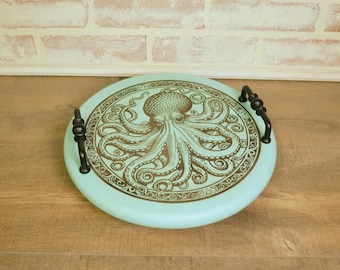 Aqua Octopus Tray: Laser Engraved Beach Decor - 12 inch
