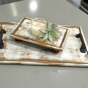 Set of Farmhouse Trays...Distressed Trays...Wood Riser...White Trays...Set of Two Trays...Square Trays