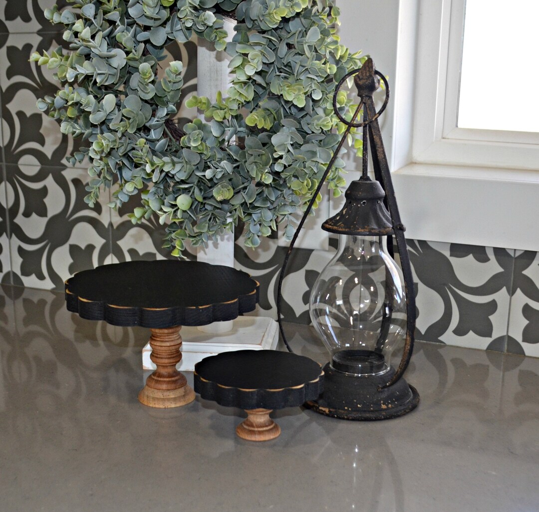 Set of Two Black Scalloped Edge Risers...wood Stands...farmhouse Wood ...