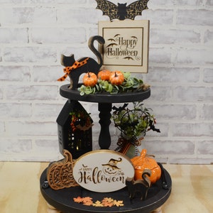 Halloween Tray Decor...Farmhouse Happy Halloween...Halloween Tiered Tray Bundle...Black Cat...Engraved Pumpkins...Haunted House...Bats