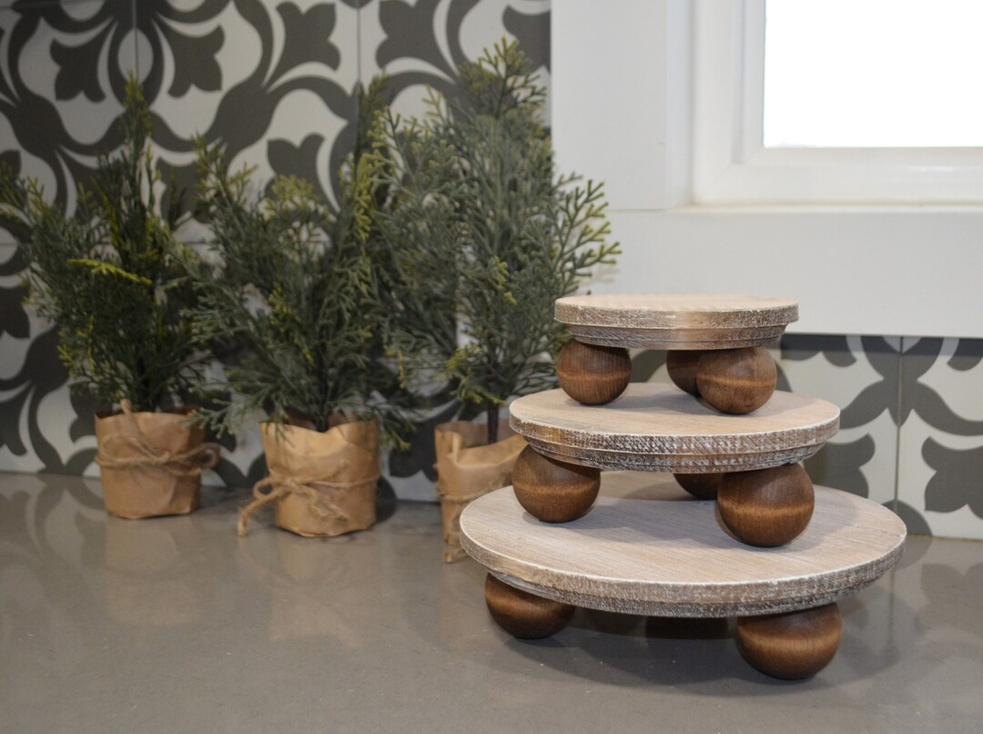 Set of Three Round Risers...farmhouse Riser Stands...weathered Wood ...