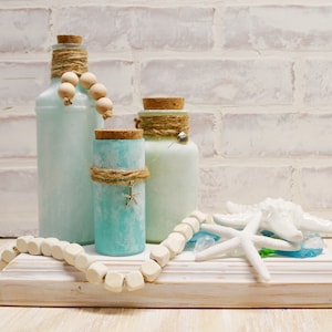 Salted Sea Glass Bottles...Summer Tiered Tray Decor...Beach Tray Decor...Sea Glass...Tray Decor...Beach House Decor...Aqua and Green