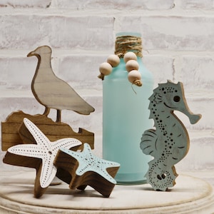 Summer Tiered Tray Decor...Beach Tray Decor...Seahorse...Summer Decor... Starfish... Sea Gull... Sea Glass Vase...Beach Theme Tray
