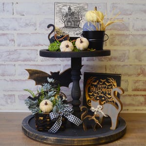 Halloween Tray Decor...Farmhouse Happy Halloween...Halloween Tiered Tray Bundle...Black Cat...Engraved Pumpkins...Haunted House...Bats