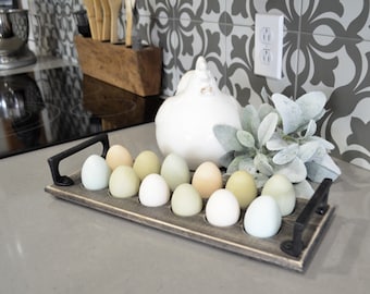 Farmhouse Wooden Egg Holder: Distressed Black Finish, Metal Handles