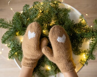 Wool mittens for women, brown knitted mittens, heart gloves, heart mittens, love gift, Valentines day gift.