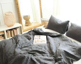 Linen Duvet Set in Charcoal. Includes Duvet Cover and Two Pillow Cases. Washed linen bedding. Rustic linen.