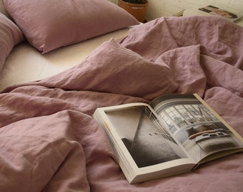 Linen Duvet Set in Woodrose. Includes Duvet Cover and Two Pillow Cases. Stone washed linen bedding.