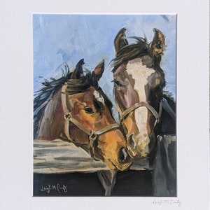 Nuzzle- original signed art print of horse heads over fence with white mat