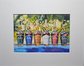 May include: A painting of six bottles of Weller bourbon whiskey. The bottles are arranged in a row on a blue surface. The bottles are all different ages, ranging from 10 to 12 years old. The bottles are all labeled with the Weller logo and the age of the whiskey.