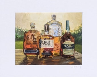 Bourbon Sunset- original signed art print of bourbon bottles with white mat